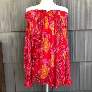 Free People fuscia floral off the shoulder long sleeve tunic